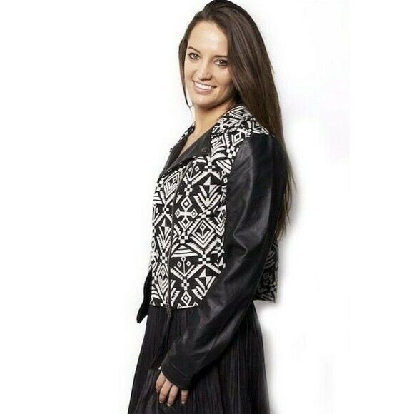 Blu Pepper Women's L Tribal Print FAUX Leather Moto Jacket Gothic Grunge Western - Picture 2 of 14